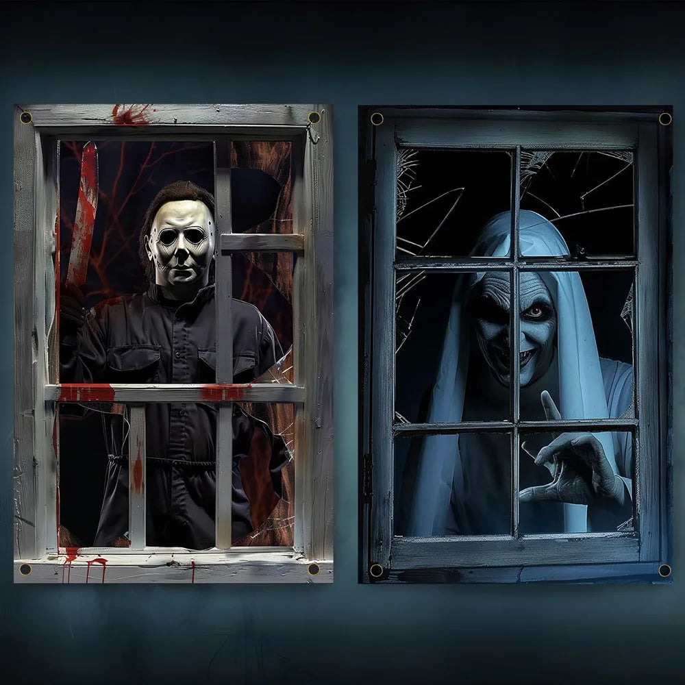 2 PCS Scary Curtain for Halloween Party Decorations Oxford Fabric Window Cover Horror Girl Boy Ghost Poster Backcloth Home Decor