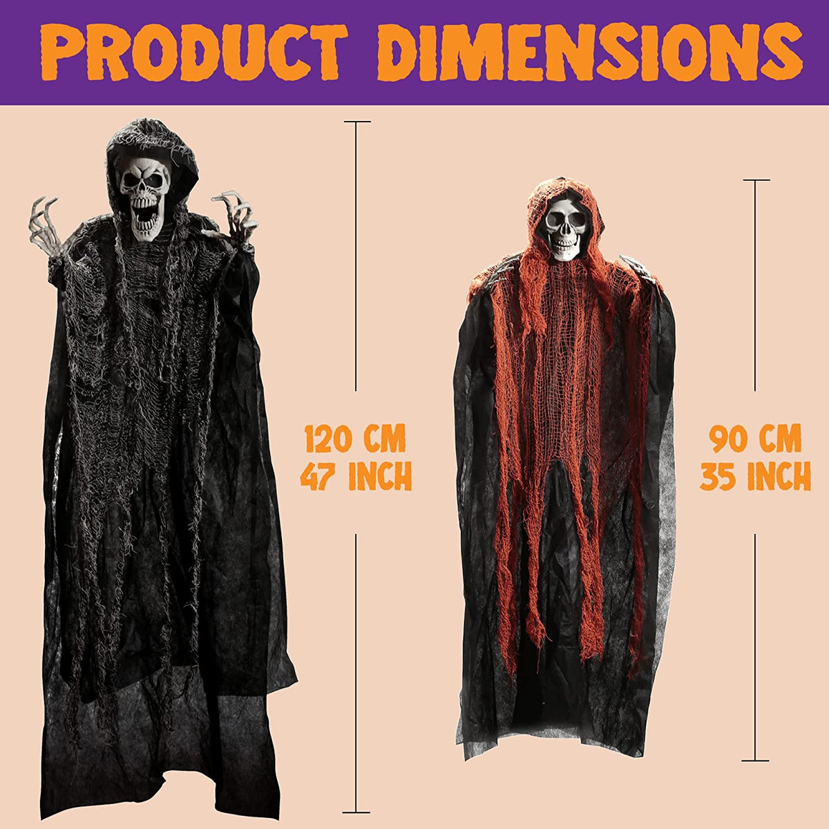 Halloween Hanging Grim Reapers (3 Pcs), One 47” and Two 35” Grim Reapers, Halloween Skeleton Flying Ghost for Haunted House Prop Décor, Outdoor Indoor Decor