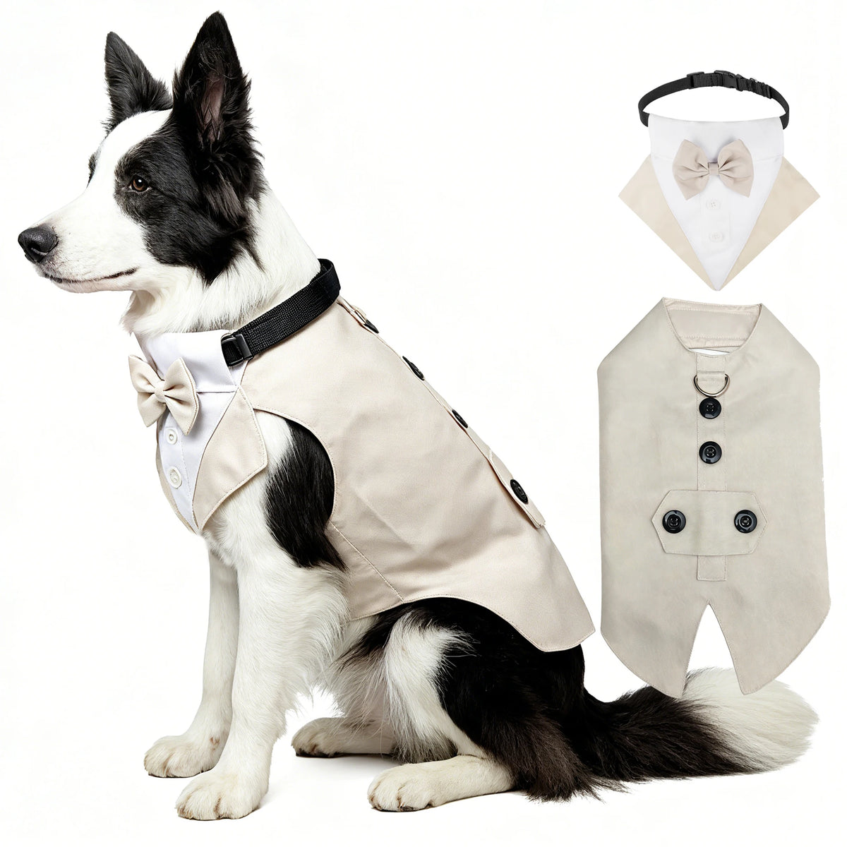 Formal Dog Tuxedo Suit and Colar Bandana Set, Wedding Party Costume Doggy Prince Bowtie Shirt, Suitable for Engagement We