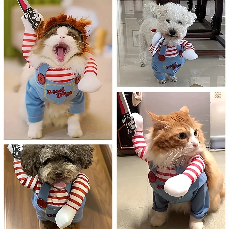 Dog Cosplay Clothes Bloody Doll Look with Knife Wig Novelty Funny Pet Costume Party Wear Halloween