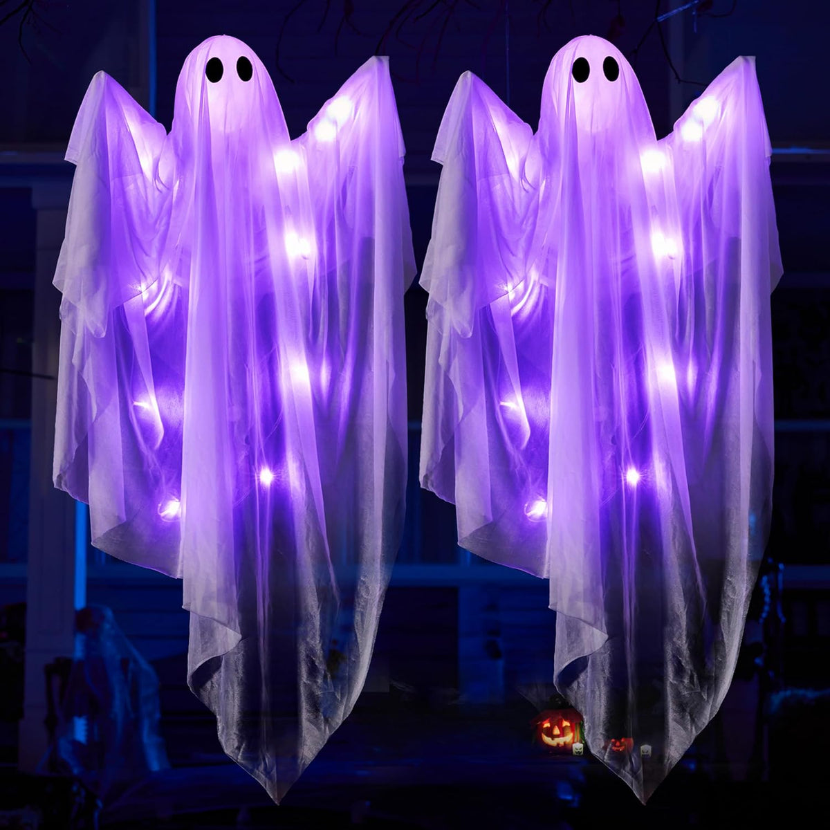 Halloween Hanging Light up Ghost, 47" White Ghosts with Green LED Light and Timer Halloween Hanging Decoration Waterproof for Front Yard Patio Lawngarden Party Decor Indoor Outdoor