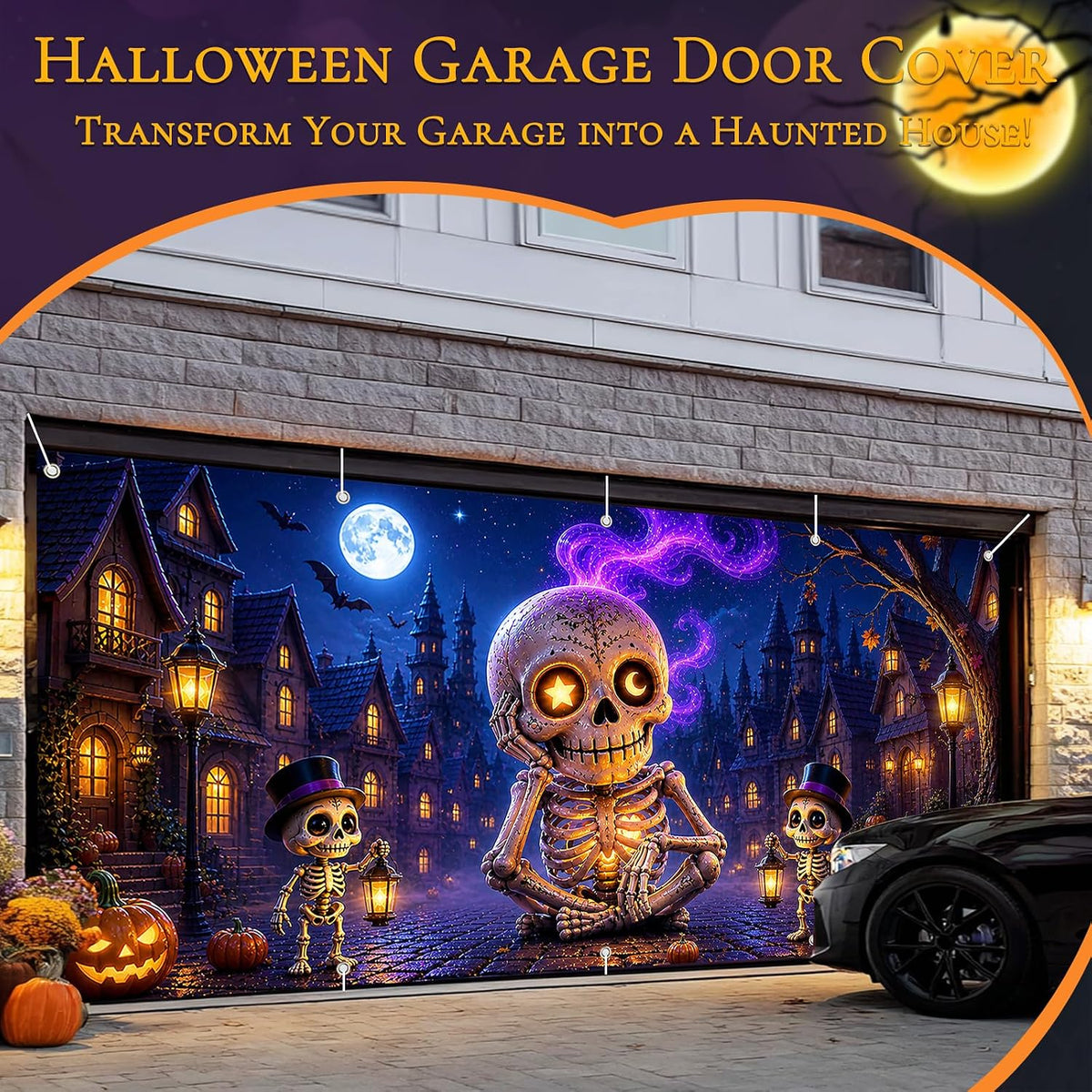 Halloween Garage Door Cover, Giant Skeleton Banner Outdoor Decoration