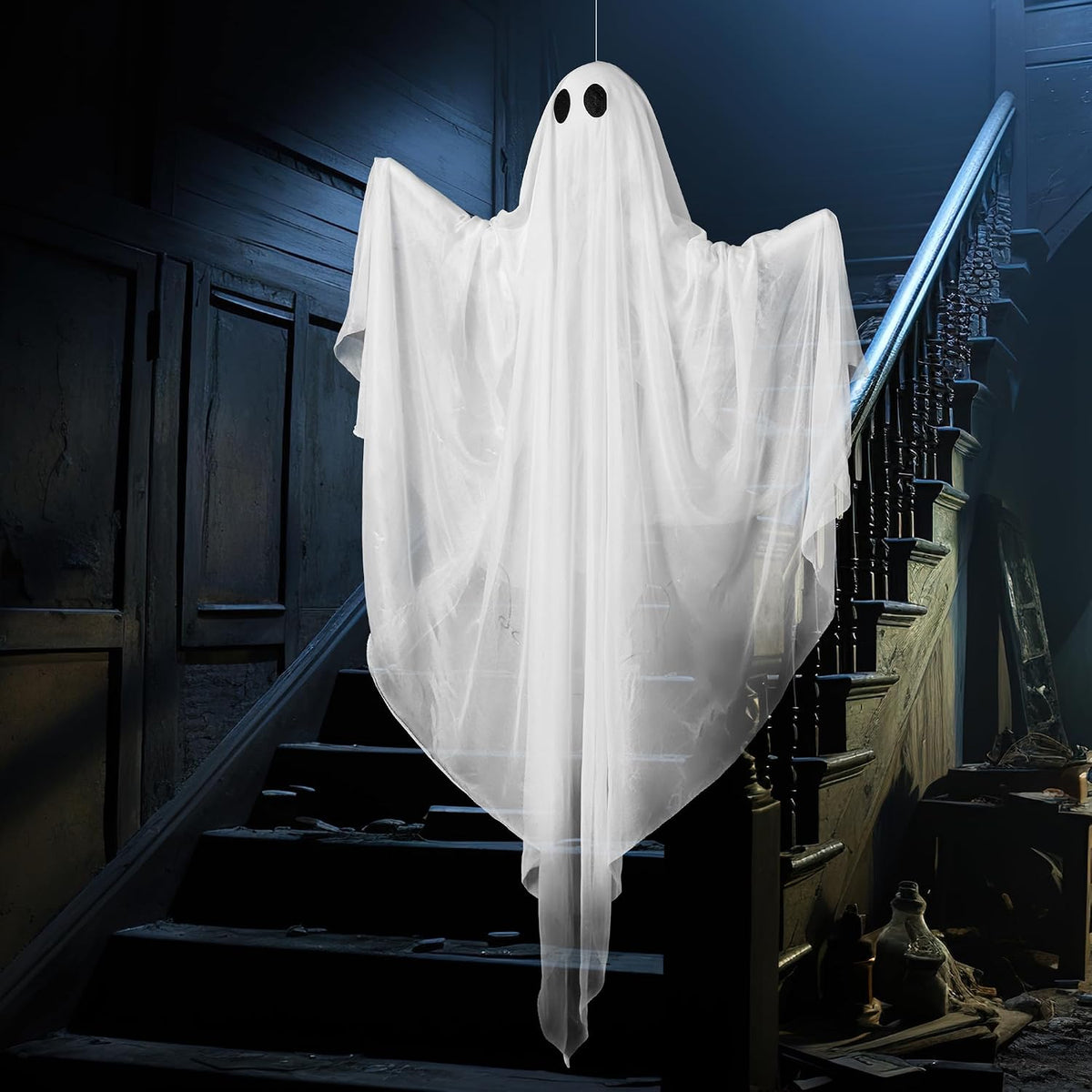 Halloween Hanging Light up Ghost, 47" White Ghosts with Green LED Light and Timer Halloween Hanging Decoration Waterproof for Front Yard Patio Lawngarden Party Decor Indoor Outdoor