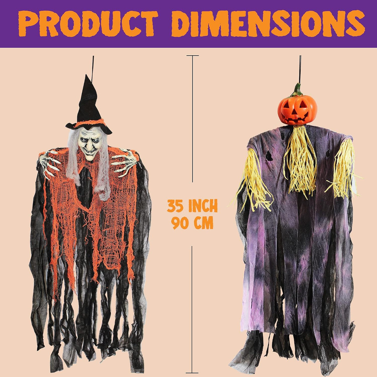 3 Pack 35” Hanging Ghosts Witch Pumpkin Decor Hanging Halloween Decorations Outdoor Halloween Decor, Scary Flying Witch Grim Reapers Haunted House Front Porch Decor Yard Garden Lawn Party
