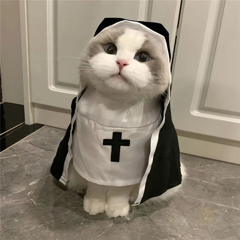 Halloween Cats Nun Costume Jesus Cross Print Kitty Clothes for Small Dogs Funny Cute Dress up Party Pet Overalls Cat Accessories