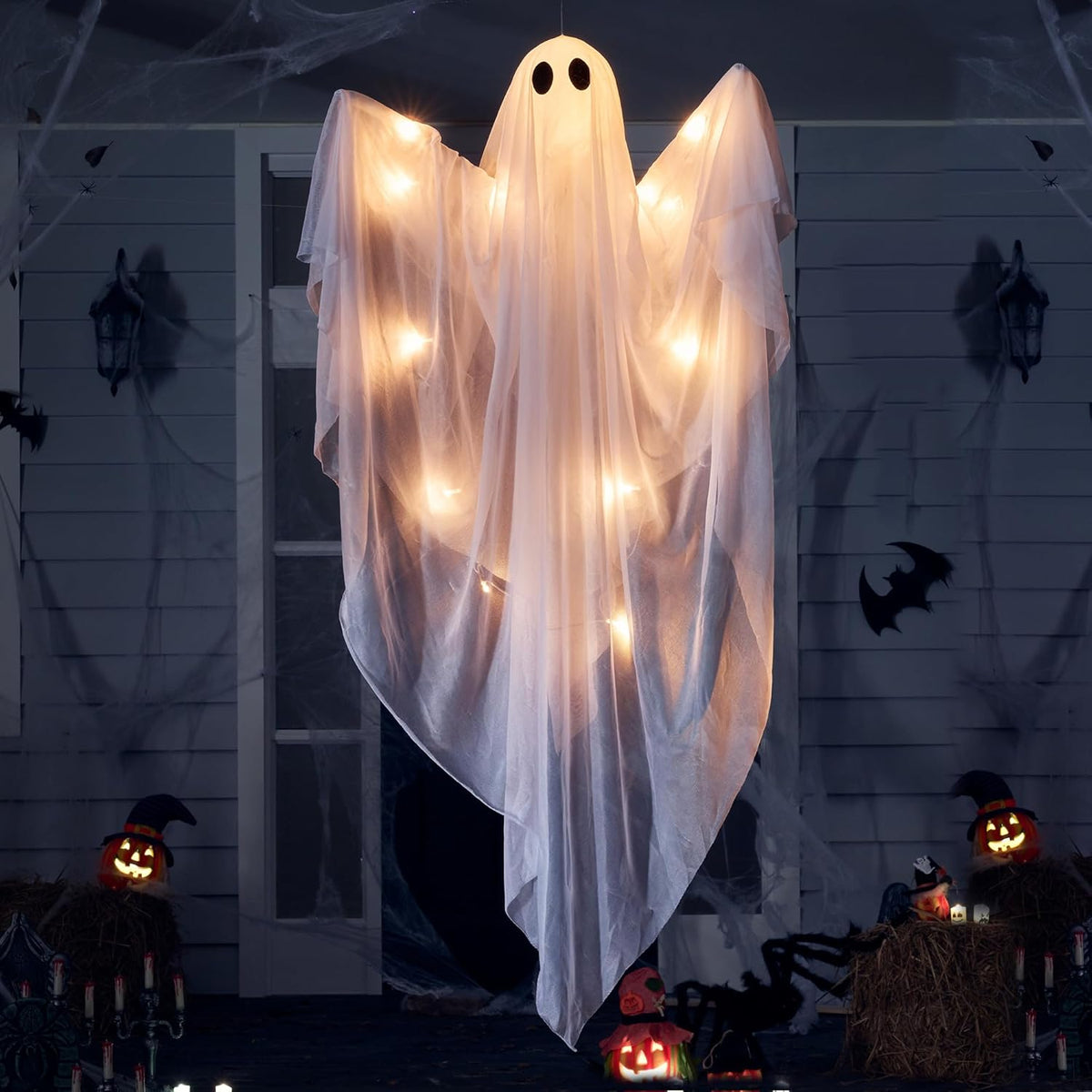 Halloween Hanging Light up Ghost, 47" White Ghosts with Green LED Light and Timer Halloween Hanging Decoration Waterproof for Front Yard Patio Lawngarden Party Decor Indoor Outdoor
