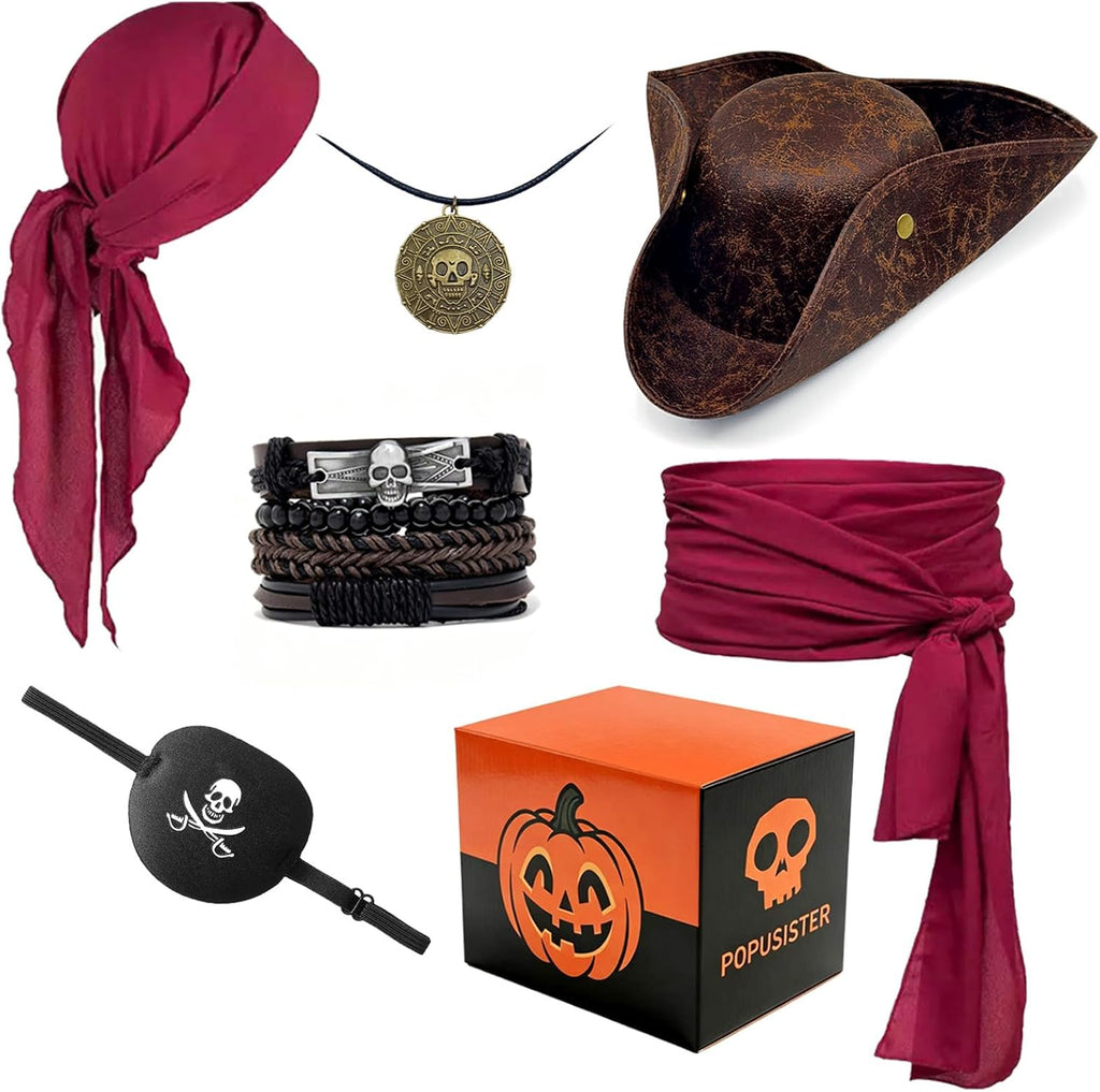 6-Piece Pirate Accessories Costume Set for Adults, Realistic Tricorn Hat | with Red Bandana, Waist Sash, Eye Patch, Skull Bracelets & Necklace, Mens Captain Buccaneer Party Outfit