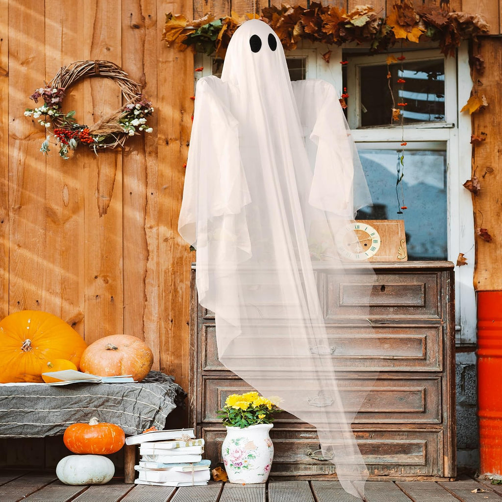 Halloween Hanging Light up Ghost, 47" White Ghosts with Green LED Light and Timer Halloween Hanging Decoration Waterproof for Front Yard Patio Lawngarden Party Decor Indoor Outdoor