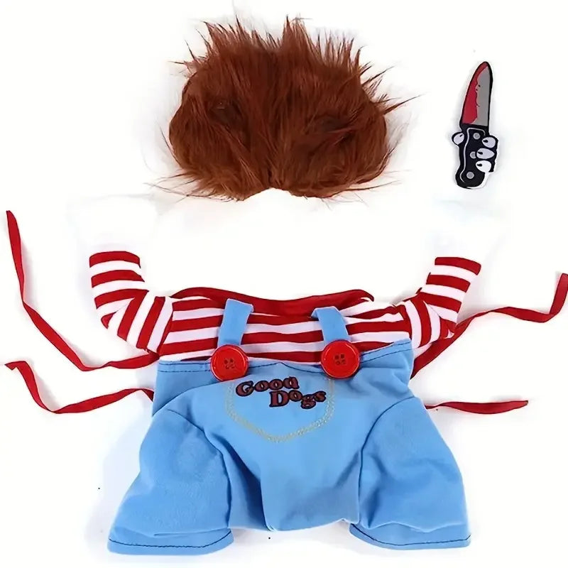 Dog Cosplay Clothes Bloody Doll Look with Knife Wig Novelty Funny Pet Costume Party Wear Halloween