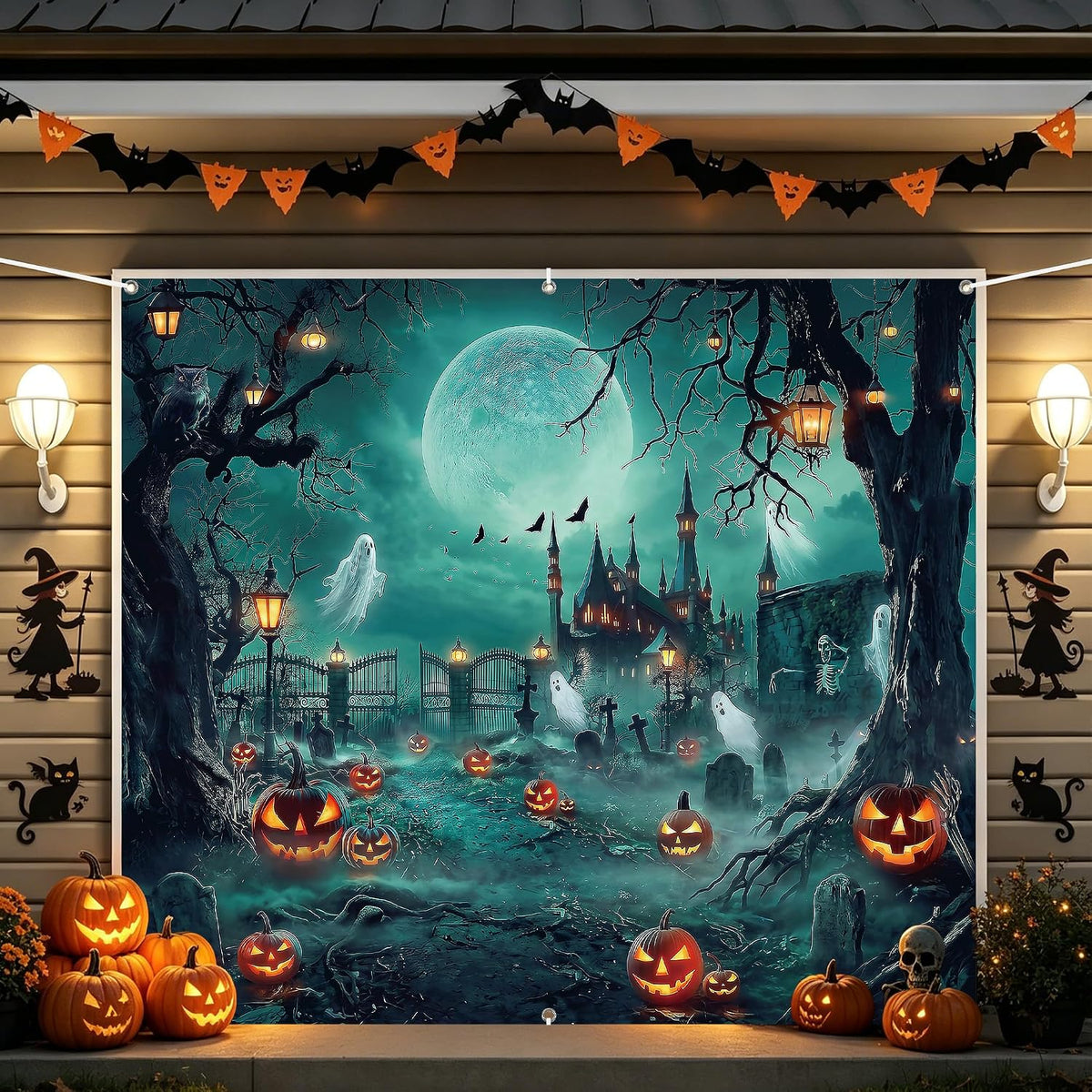 Halloween Garage Door Cover 7 X 16 Ft, Haunted Castle Pumpkin Graveyard
