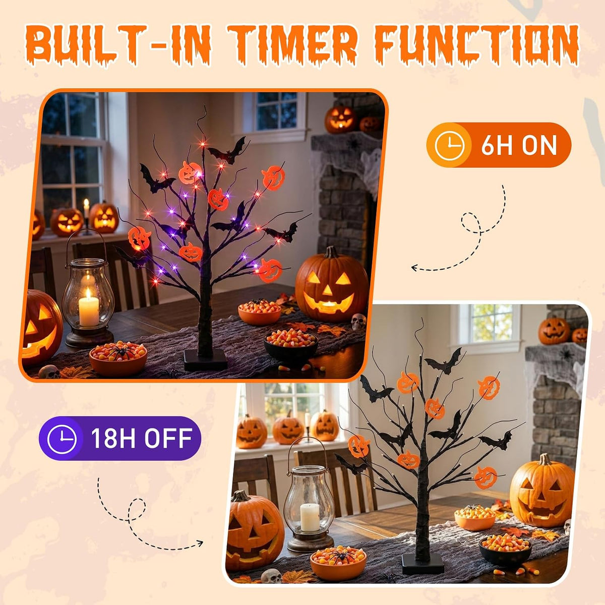 Halloween Decorations, Halloween Tree Lights, Lighted Black Tree | Halloween Decorations Indoor, Spooky Tree with 24 Orange Purple Lights & Timer, 22" Table Centerpiece Battery for Home Decor
