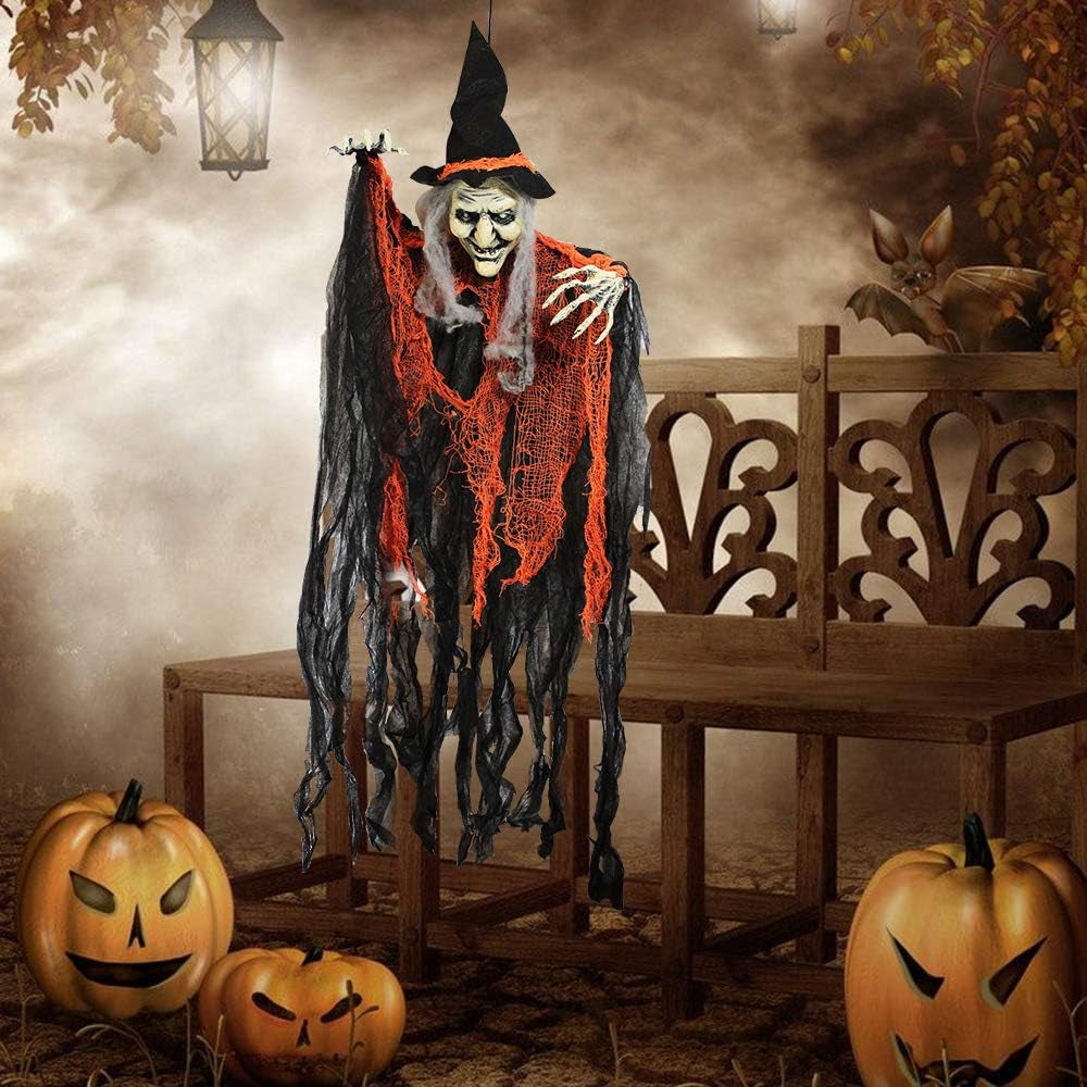 3 Pack 35” Hanging Ghosts Witch Pumpkin Decor Hanging Halloween Decorations Outdoor Halloween Decor, Scary Flying Witch Grim Reapers Haunted House Front Porch Decor Yard Garden Lawn Party