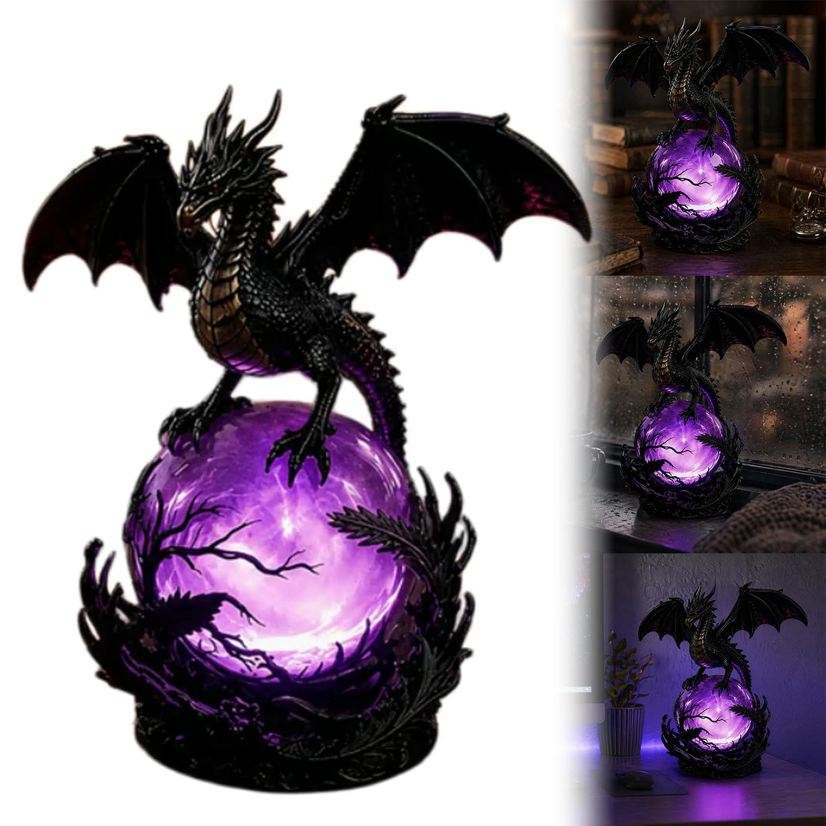 Gothic Dragon LED Crystal Ball Lamp Multifunctional Fantasy Resin Dragon Night Light Witchy Table Lamp for Indoor Bedroom Decor