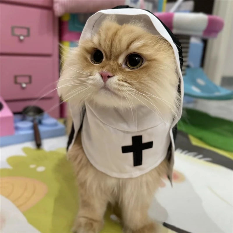 Halloween Cats Nun Costume Jesus Cross Print Kitty Clothes for Small Dogs Funny Cute Dress up Party Pet Overalls Cat Accessories