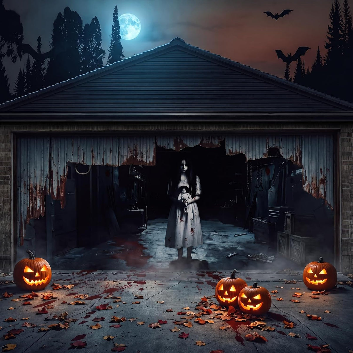 Halloween Garage Door Cover - Large Scary Ghost Girl Backdrop