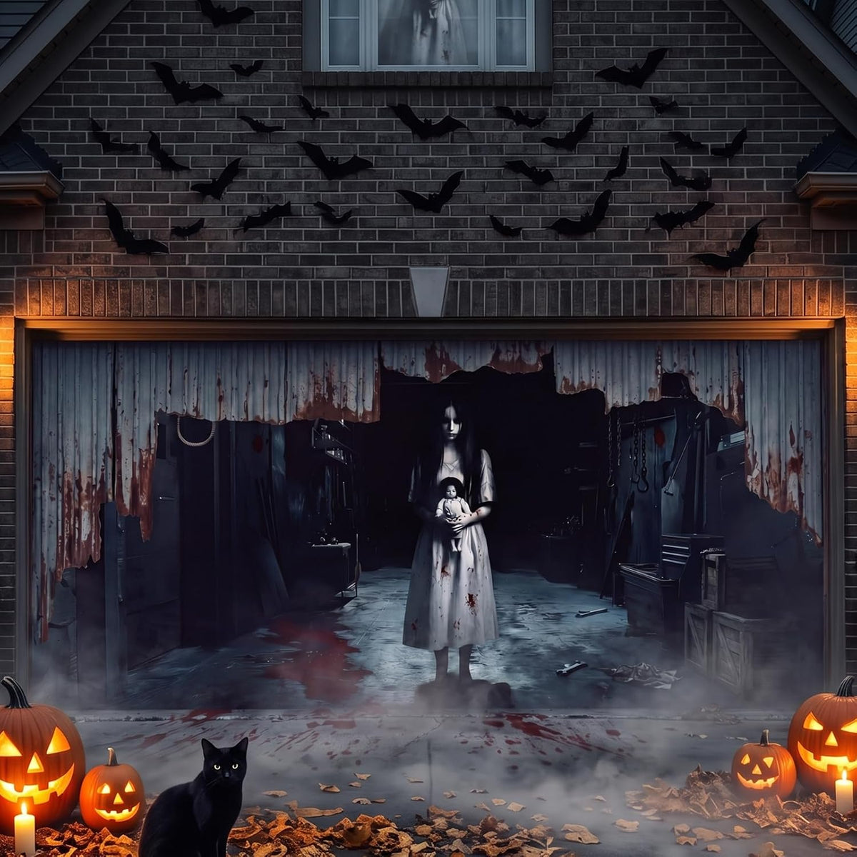 Halloween Garage Door Cover - Large Scary Ghost Girl Backdrop