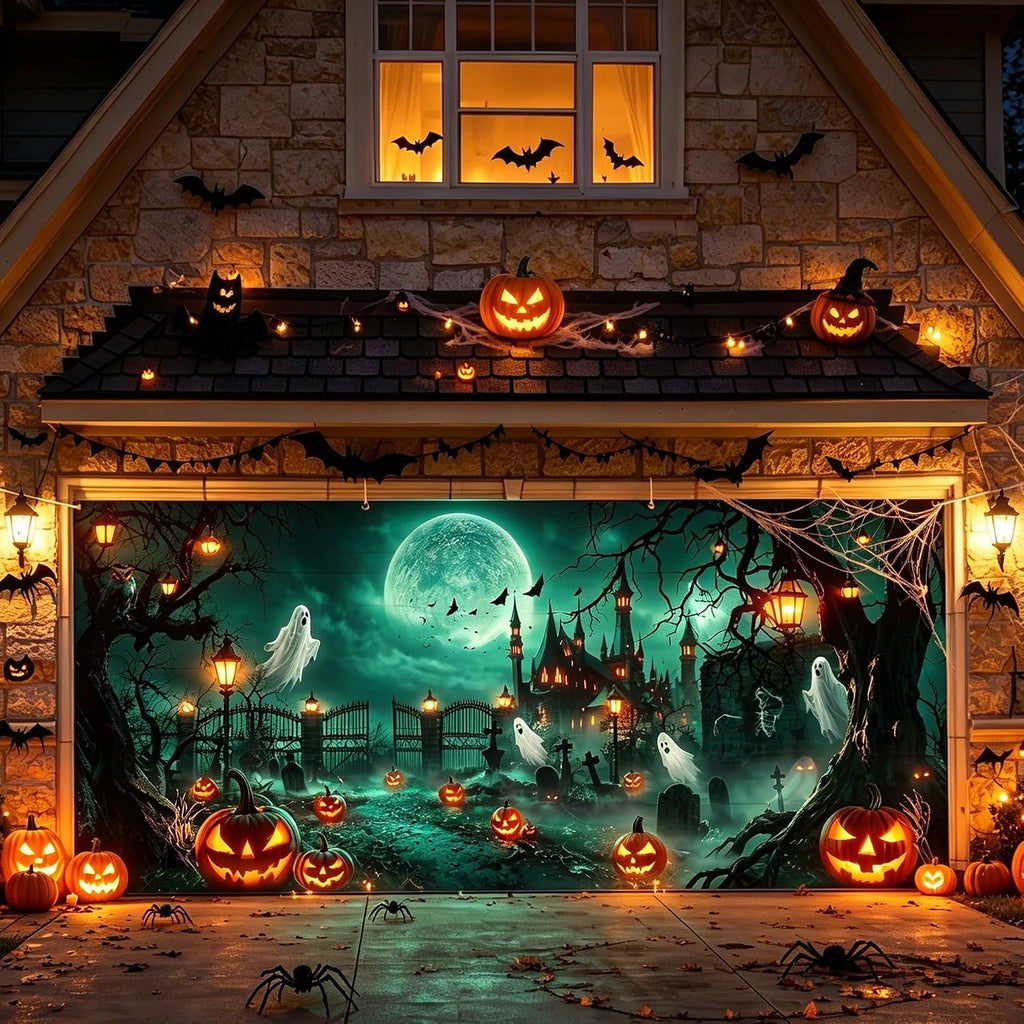 Halloween Garage Door Cover 7 X 16 Ft, Haunted Castle Pumpkin Graveyard