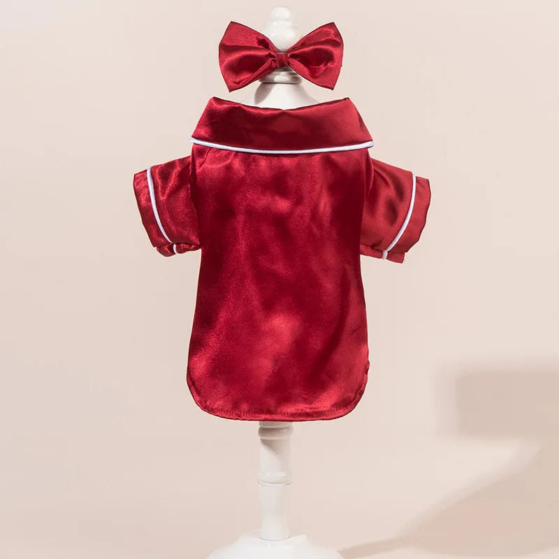 Chic Satin Dog Pajamas Set, Cute Pet Sleepwear with Bow Headband, Soft Puppy Cat Clothes for Home Party Costume