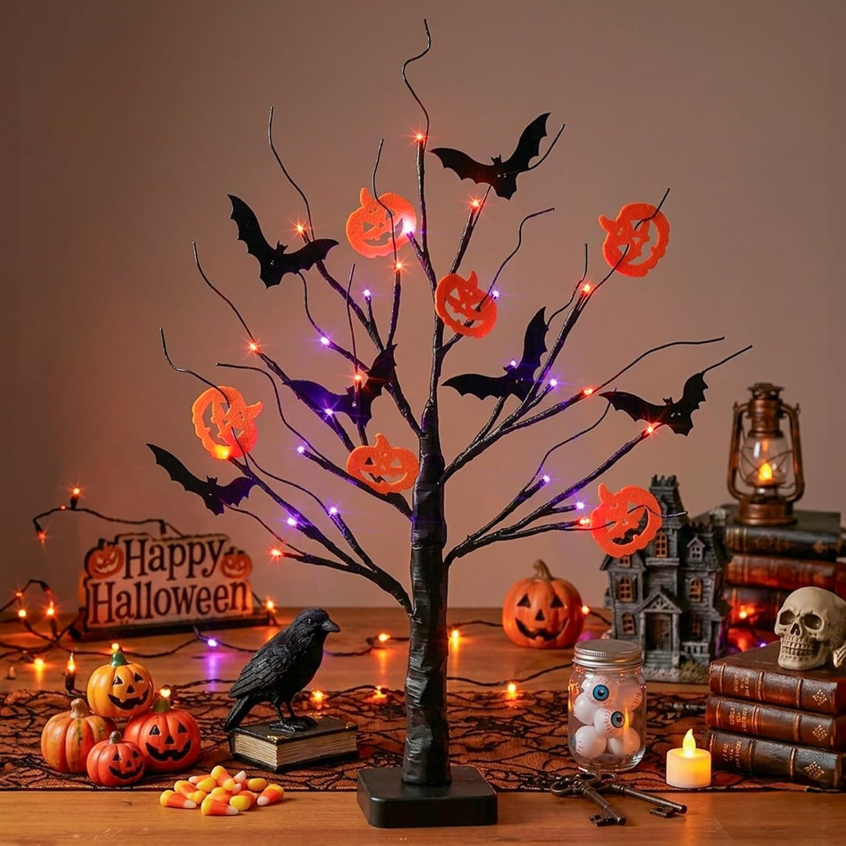 Halloween Decorations, Halloween Tree Lights, Lighted Black Tree | Halloween Decorations Indoor, Spooky Tree with 24 Orange Purple Lights & Timer, 22" Table Centerpiece Battery for Home Decor