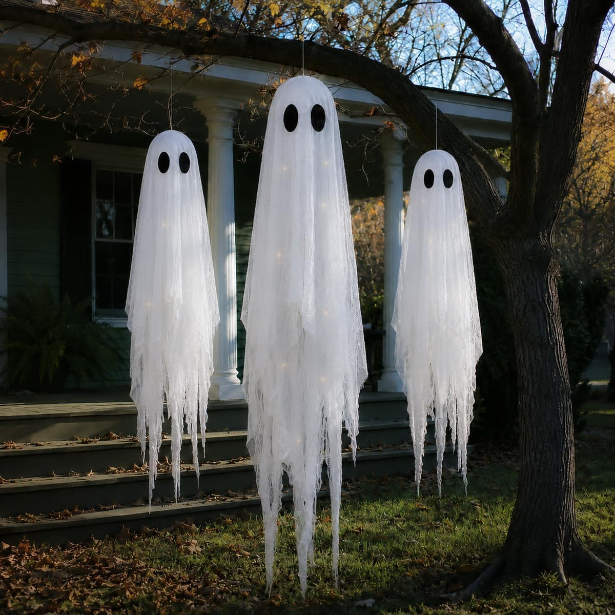 3 Packs Halloween Decorations Outdoor - Hanging Ghost Decor for Porch Yard | 5FT*1 & 4FT*2 LED Timed Light up Hanging Ghost Sets, Pre-Assembled Halloween Party Decor for Tree, Remote Control Easy Setup