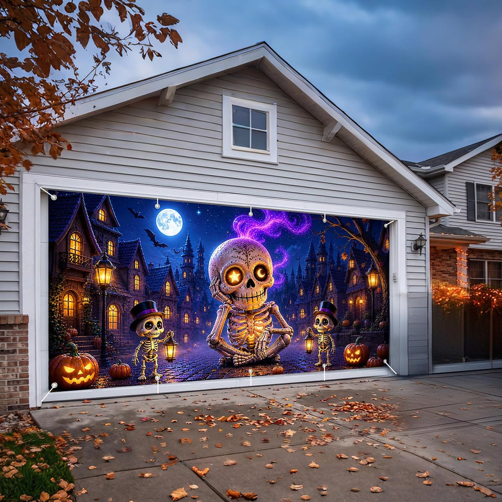 Halloween Garage Door Cover, Giant Skeleton Banner Outdoor Decoration