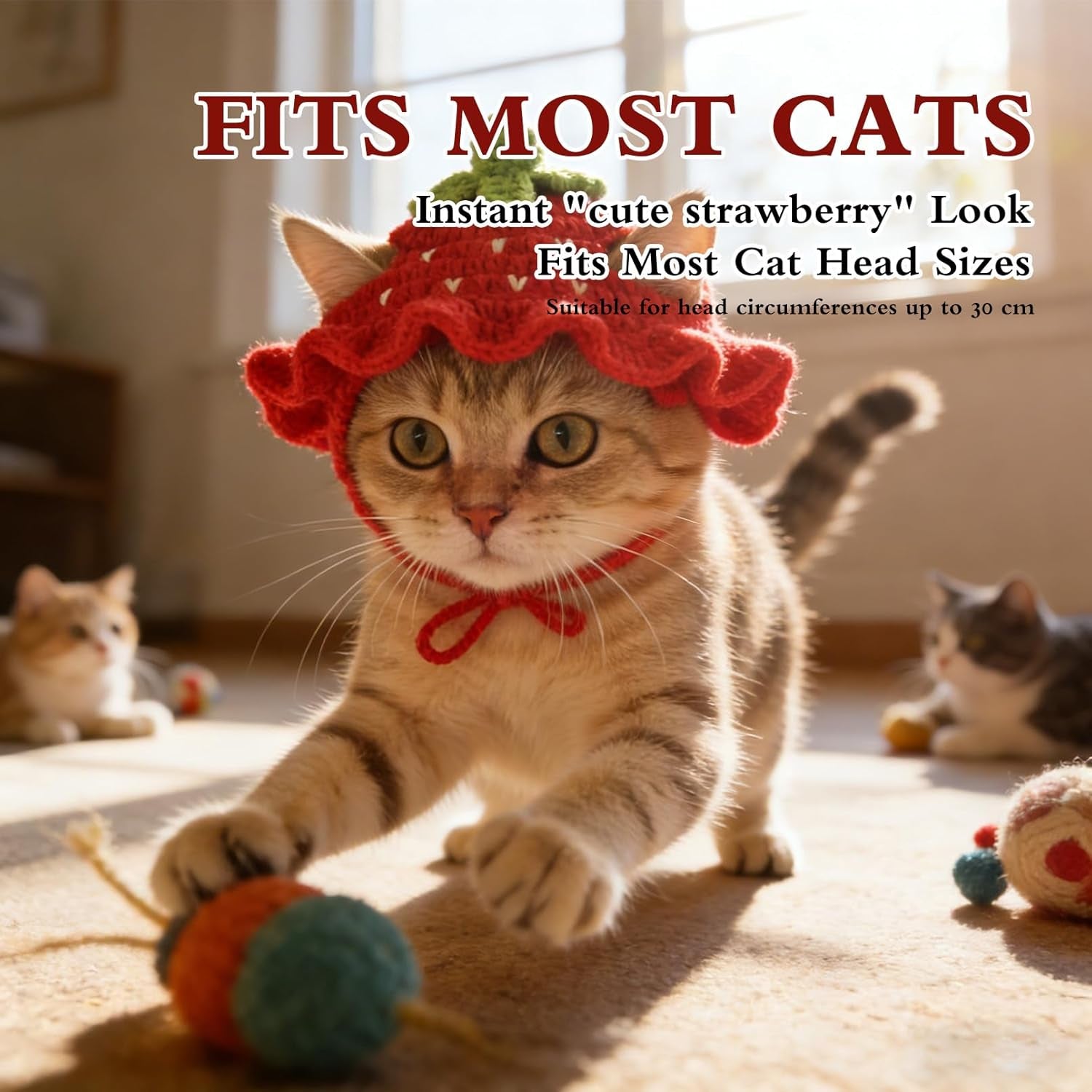 Strawberry Cat Hat, Cotton & Soft Cute Knitted Hats for Cats Birthday Party Christmas Puppy Hat for Small Pets (Red, M)