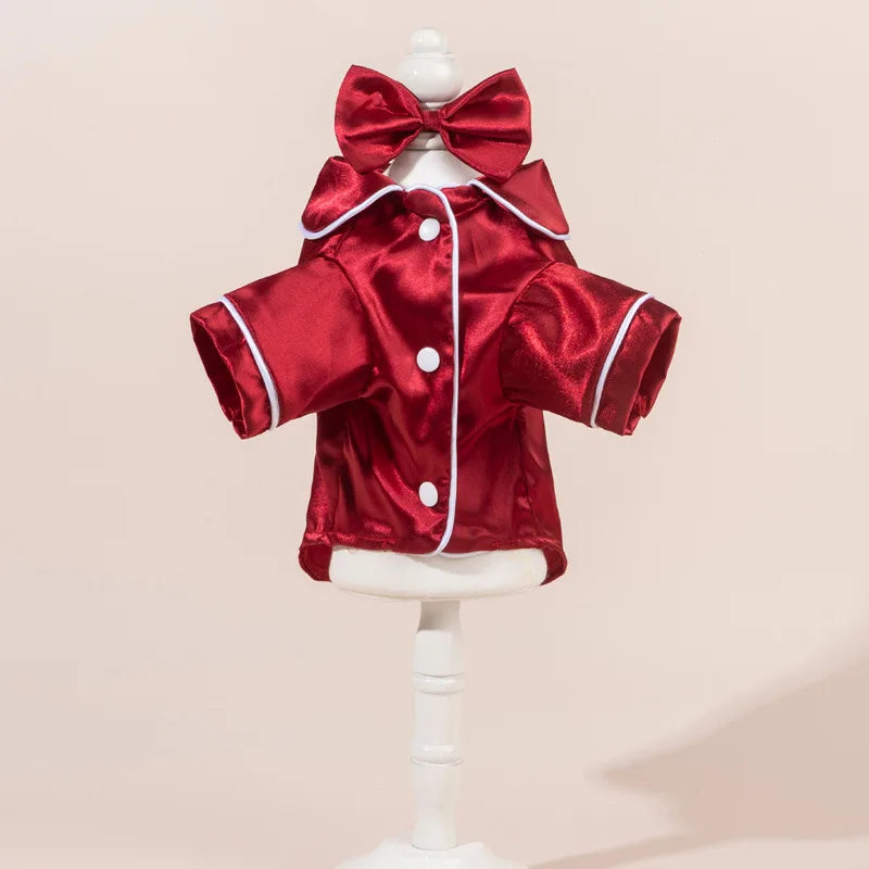 Chic Satin Dog Pajamas Set, Cute Pet Sleepwear with Bow Headband, Soft Puppy Cat Clothes for Home Party Costume