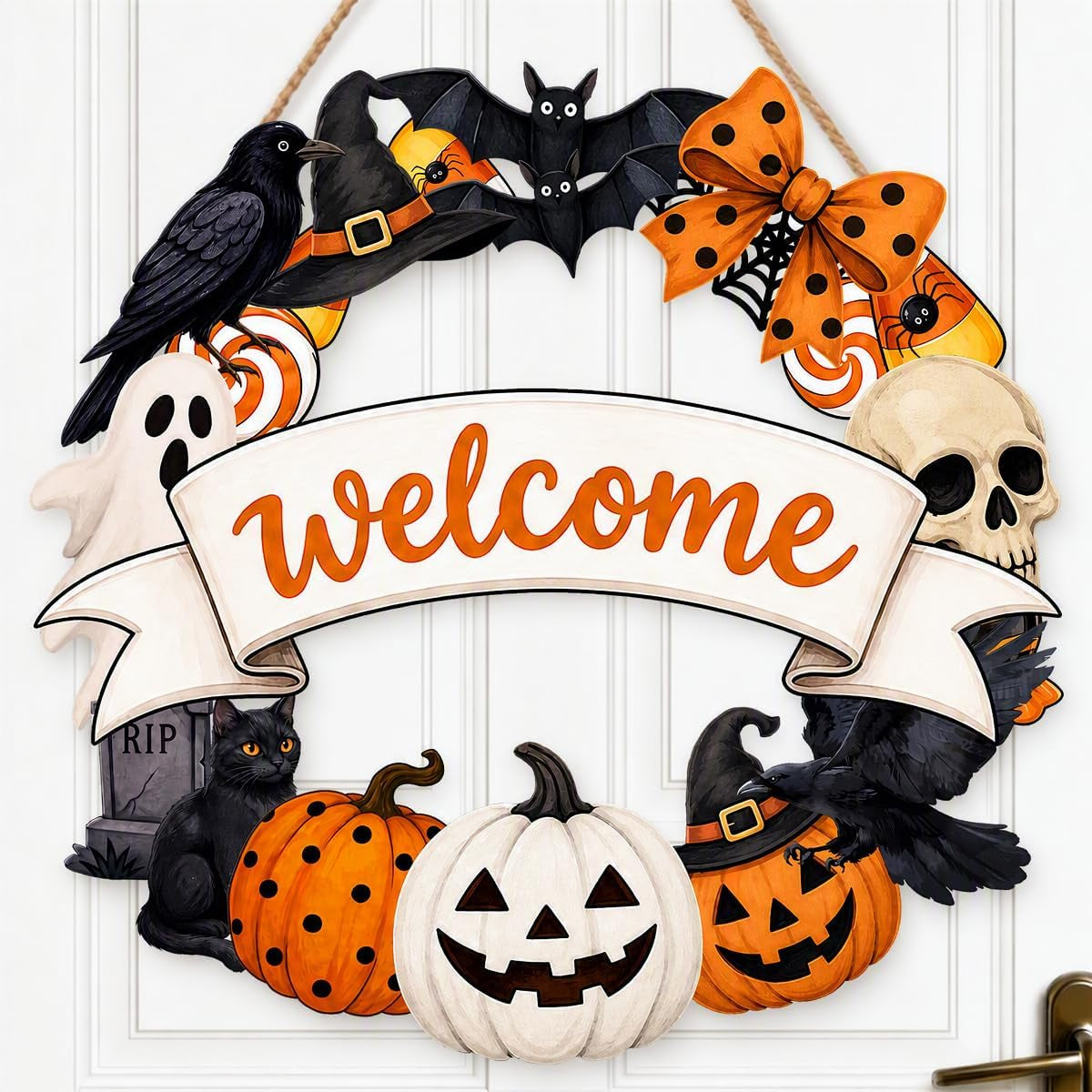 Halloween Welcome Wreath for Front Door Wooden Pumpkin Ghost Door Decor | Farmhouse Skull & Black Cat Wreath with Welcome Sign for Porch Mantel Wall Home Decoration Indoor Outdoor 12X12 Inch
