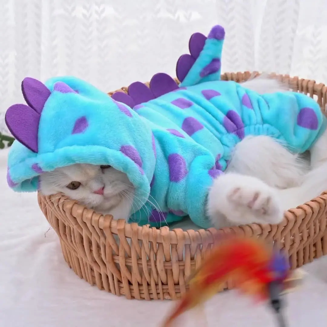Cute Dinosaur Pet Costume 4 Legs Jumpsuit for Small Dogs Cats, Soft Plush Warm Cosplay Outfit Winter Clothes