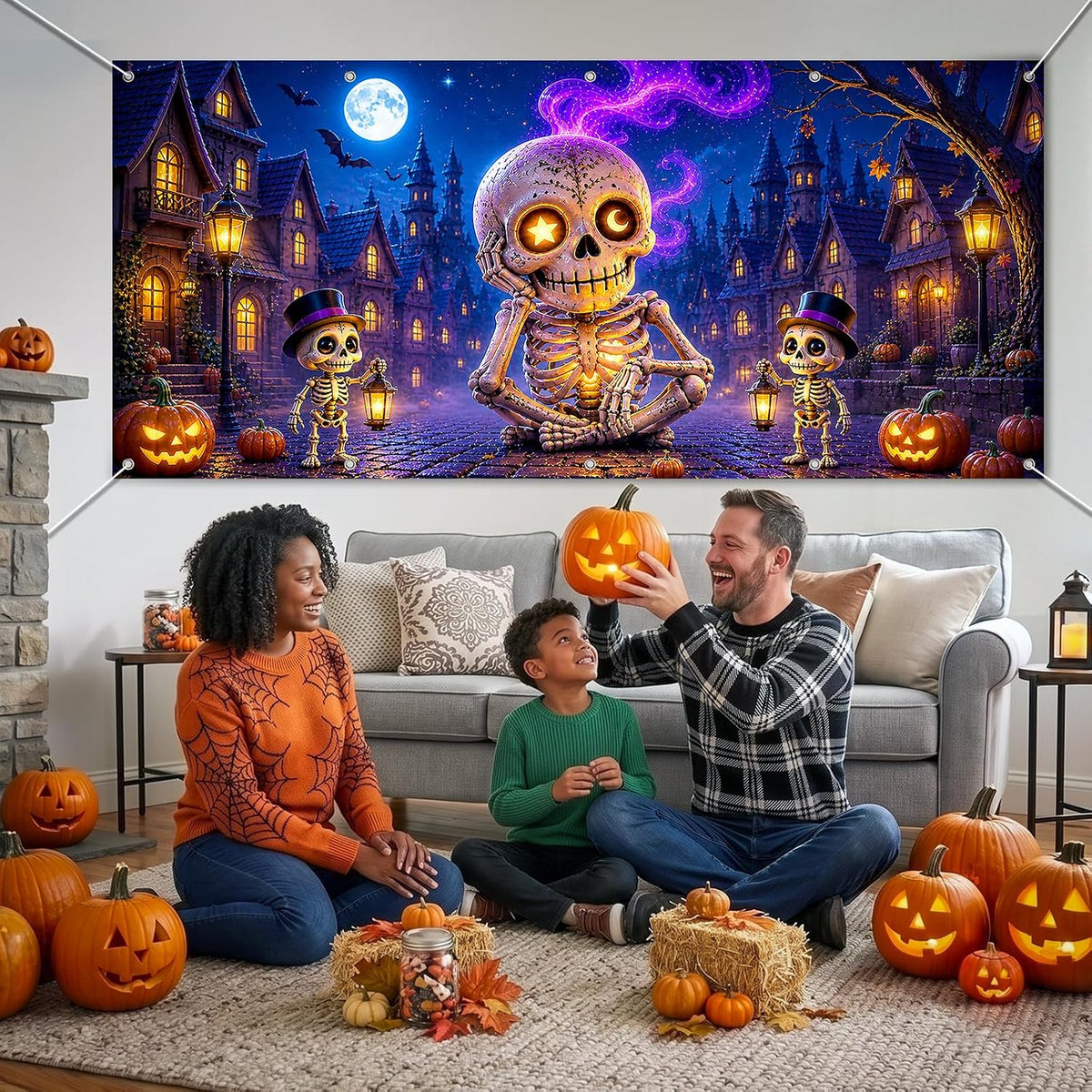 Halloween Garage Door Cover, Giant Skeleton Banner Outdoor Decoration
