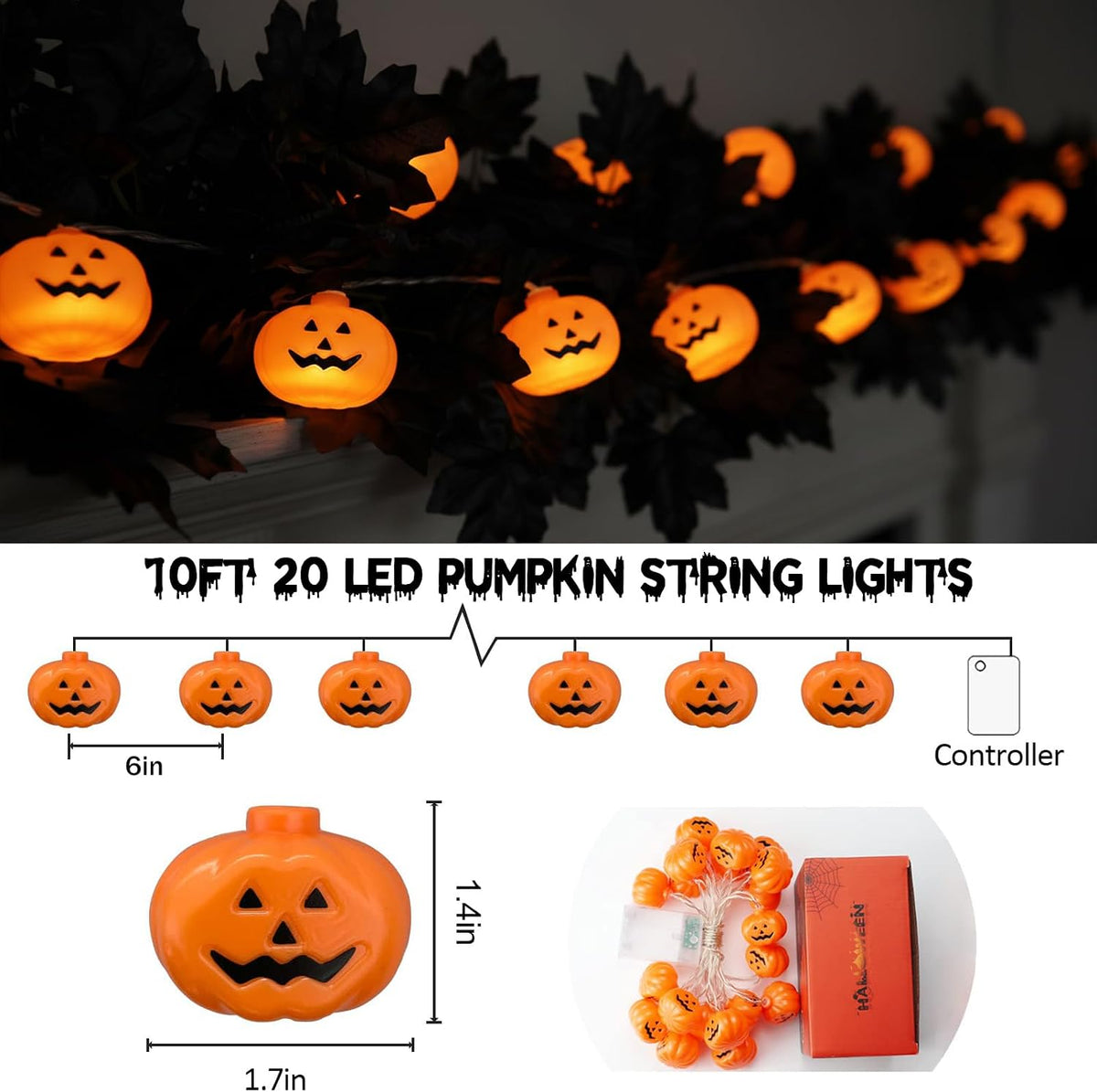 Halloween Decorations Pumpkin String Lights Battery Operated | 10 Ft 20 LED, 3D Cute Waterproof Orange Jack-O-Lantern, Steady/Flickering, Twinkle Light for Indoor Outdoor Porch Party Decor