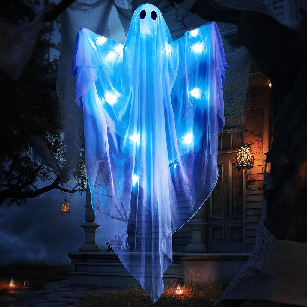 Halloween Hanging Light up Ghost, 47” White Ghosts with Blue LED Light and Timer Halloween Hanging Decoration Waterproof for Front Yard Patio Lawn Garden Party Decor Indoor Outdoor