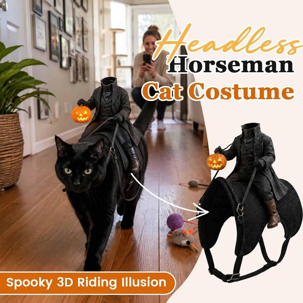 Headless Horseman Cat Costume – Spooky 3D Horse Riding Illusion, Realistic Dark Rider Cosplay Outfit with Magic Tape, Perfect Halloween Party Pet Outfit for Photos, for Small Dog Puppy Kitty Kitten