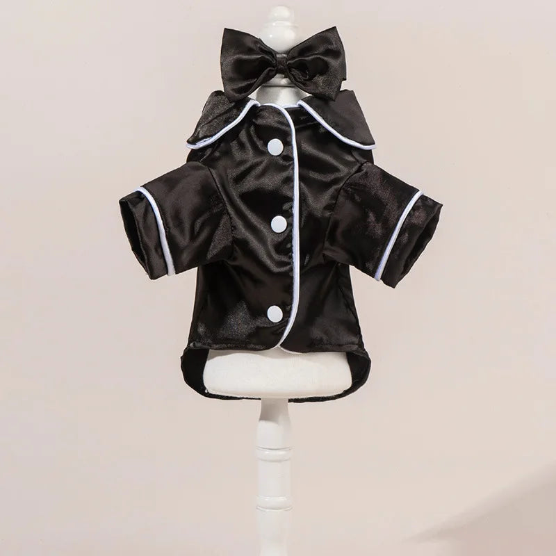 Chic Satin Dog Pajamas Set, Cute Pet Sleepwear with Bow Headband, Soft Puppy Cat Clothes for Home Party Costume