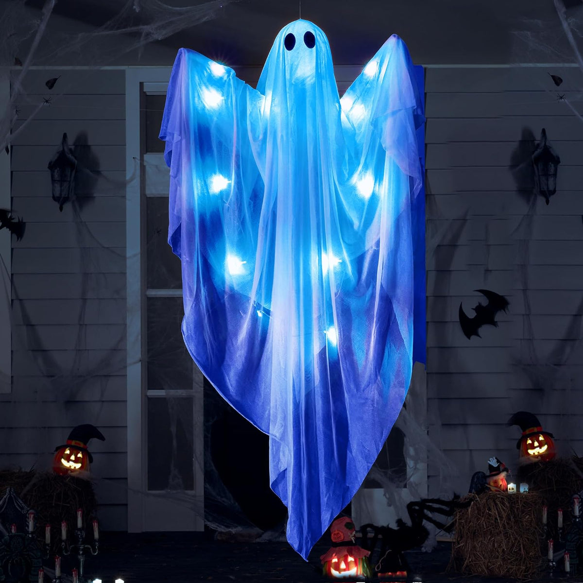 Halloween Hanging Light up Ghost, 47” White Ghosts with Blue LED Light and Timer Halloween Hanging Decoration Waterproof for Front Yard Patio Lawn Garden Party Decor Indoor Outdoor
