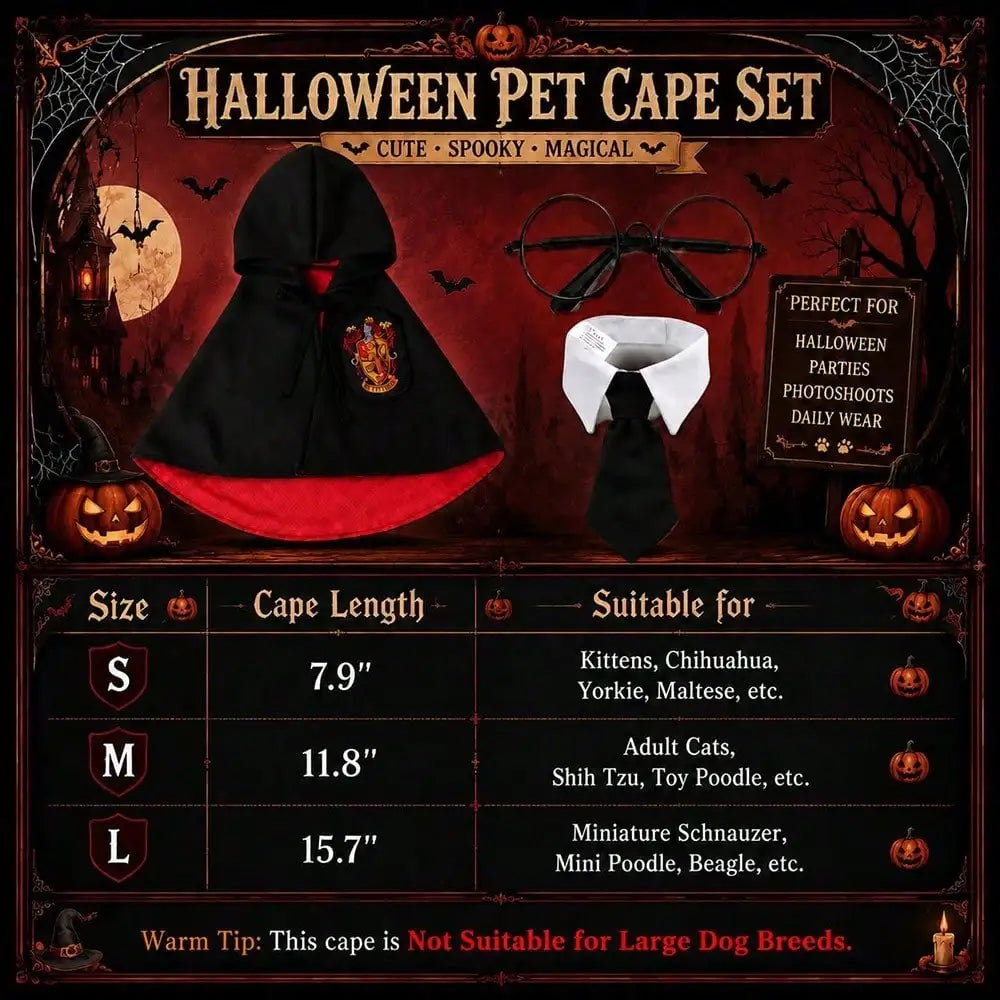 3Pcs Spooky Dark Gothic Dog Cape – Horror Wizard Costume with Emblem Badge, Necktie, and round Glasses Accessory