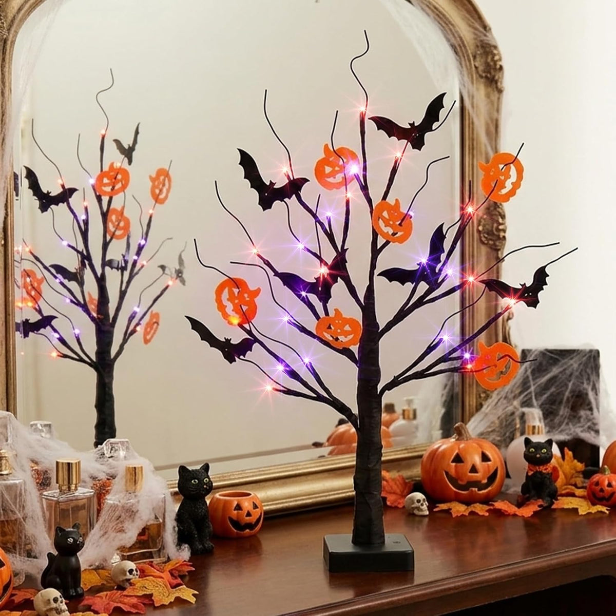 Halloween Decorations, Halloween Tree Lights, Lighted Black Tree | Halloween Decorations Indoor, Spooky Tree with 24 Orange Purple Lights & Timer, 22" Table Centerpiece Battery for Home Decor