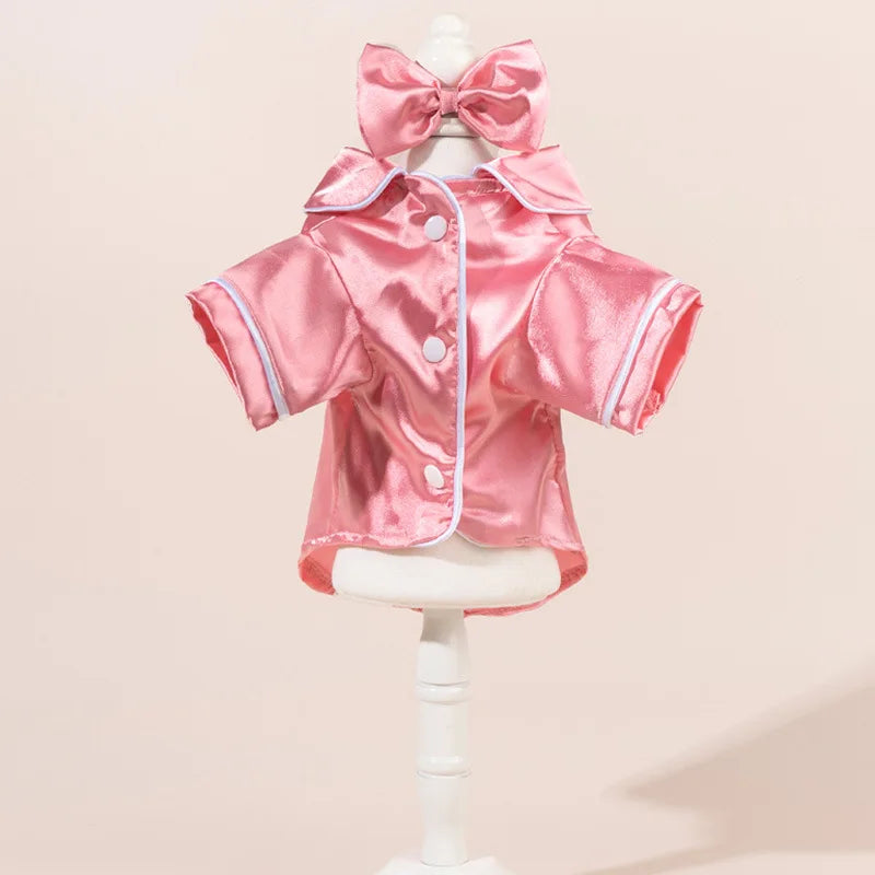 Chic Satin Dog Pajamas Set, Cute Pet Sleepwear with Bow Headband, Soft Puppy Cat Clothes for Home Party Costume