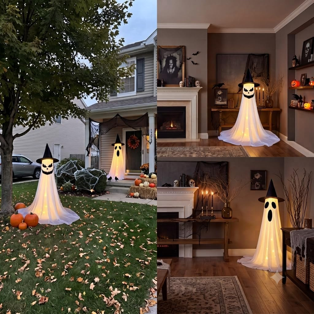 2‑Pack 63" Halloween Decorations for Outdoor with Remote Control | 8 Light Modes & Timer, 43‑63In Adjustable Height, 4 Sets DIY Ghost Faces, Windproof U‑Stakes, for Indoor, Yard, Lawn & Garden
