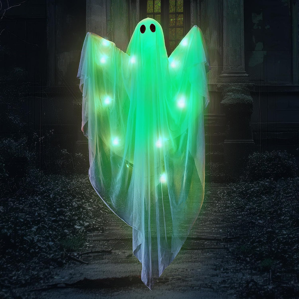 Halloween Hanging Light up Ghost, 47" White Ghosts with Green LED Light and Timer Halloween Hanging Decoration Waterproof for Front Yard Patio Lawngarden Party Decor Indoor Outdoor