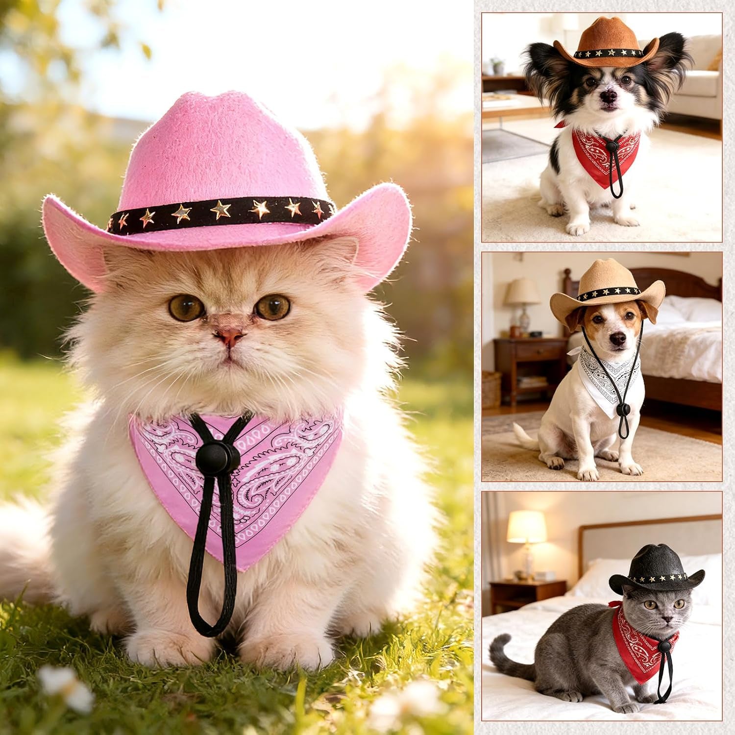 Pet Cowboy Costume, Dog Cowboy Hat with Bandana Scarf, Adjustable Cat Cowboy Hat for Party Cosplay Christmas, Halloween Cowboy Costumes for Small Pet Dogs Cats (Pink, Small)
