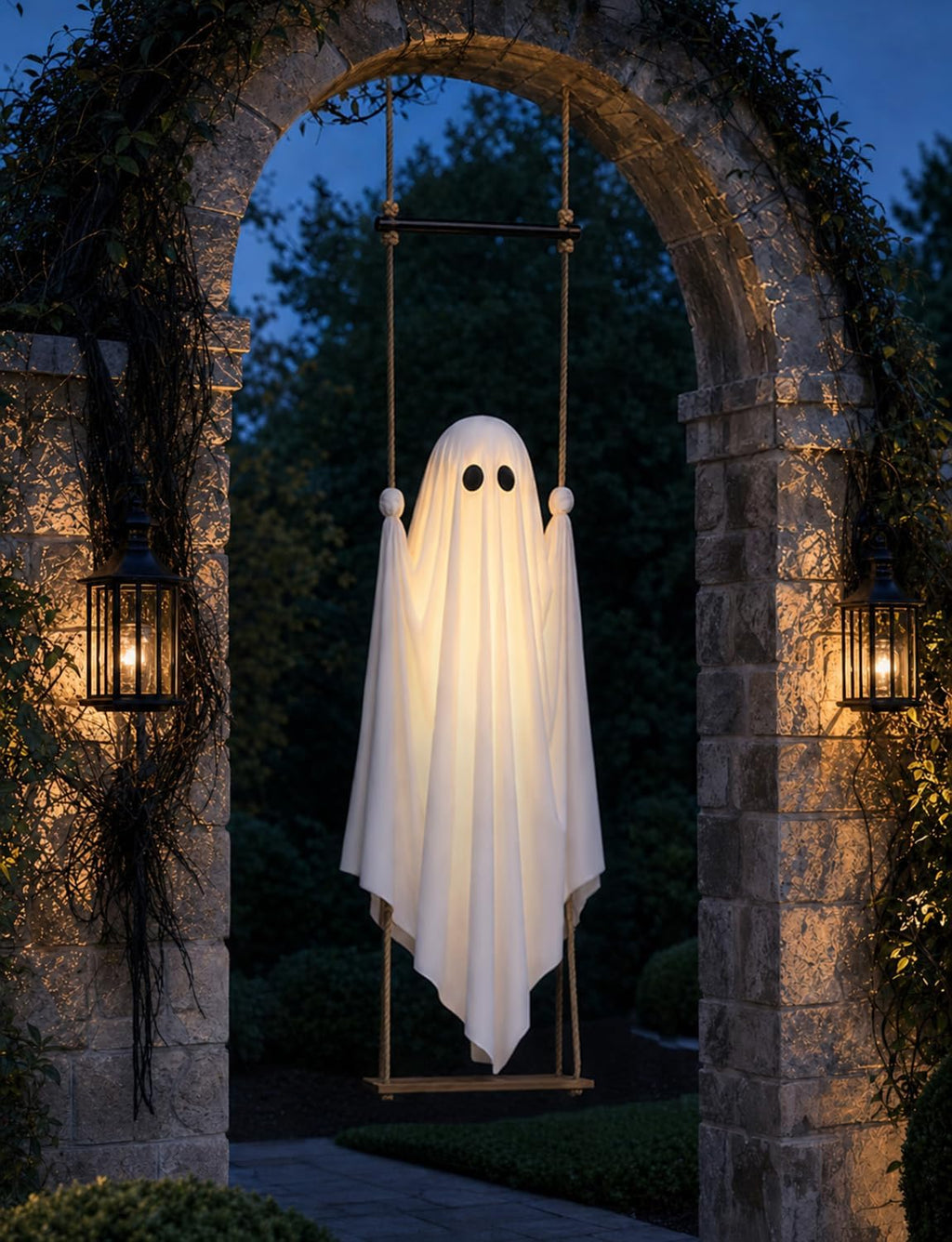 Halloween Decorations Outdoor 3.7FT Pre-Assembled Hanging Swing Ghost | Ready-To-Hang Ghost,Remote Waterproof Lights,Stable&Adjustable,Sturdy–Ideal for Porches, Trees, Yards & Entryways