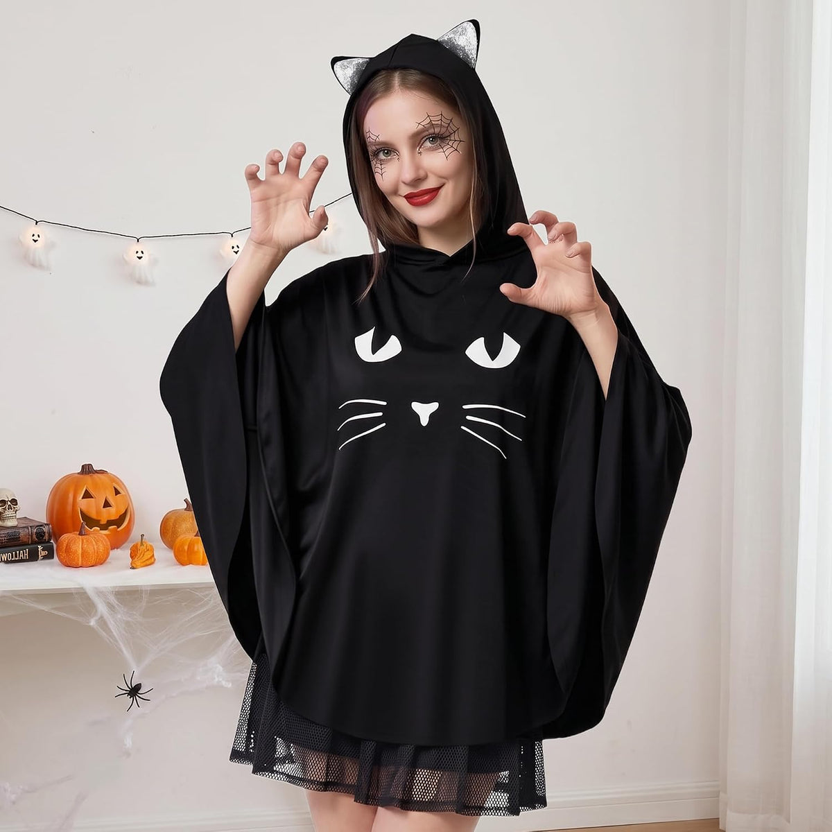 Black Cat Costume for Women, Glow in the Dark Halloween Poncho Hooded Cloak for Cosplay Themed Party