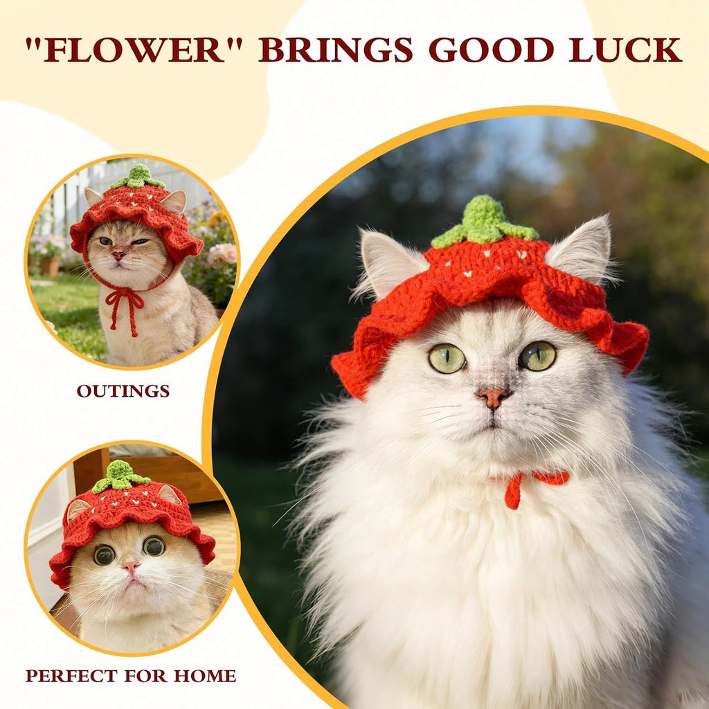 Strawberry Cat Hat, Cotton & Soft Cute Knitted Hats for Cats Birthday Party Christmas Puppy Hat for Small Pets (Red, M)