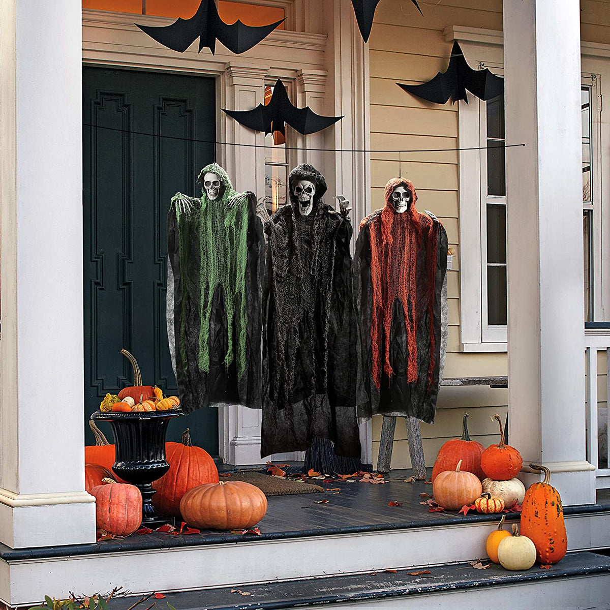 Halloween Hanging Grim Reapers (3 Pcs), One 47” and Two 35” Grim Reapers, Halloween Skeleton Flying Ghost for Haunted House Prop Décor, Outdoor Indoor Decor