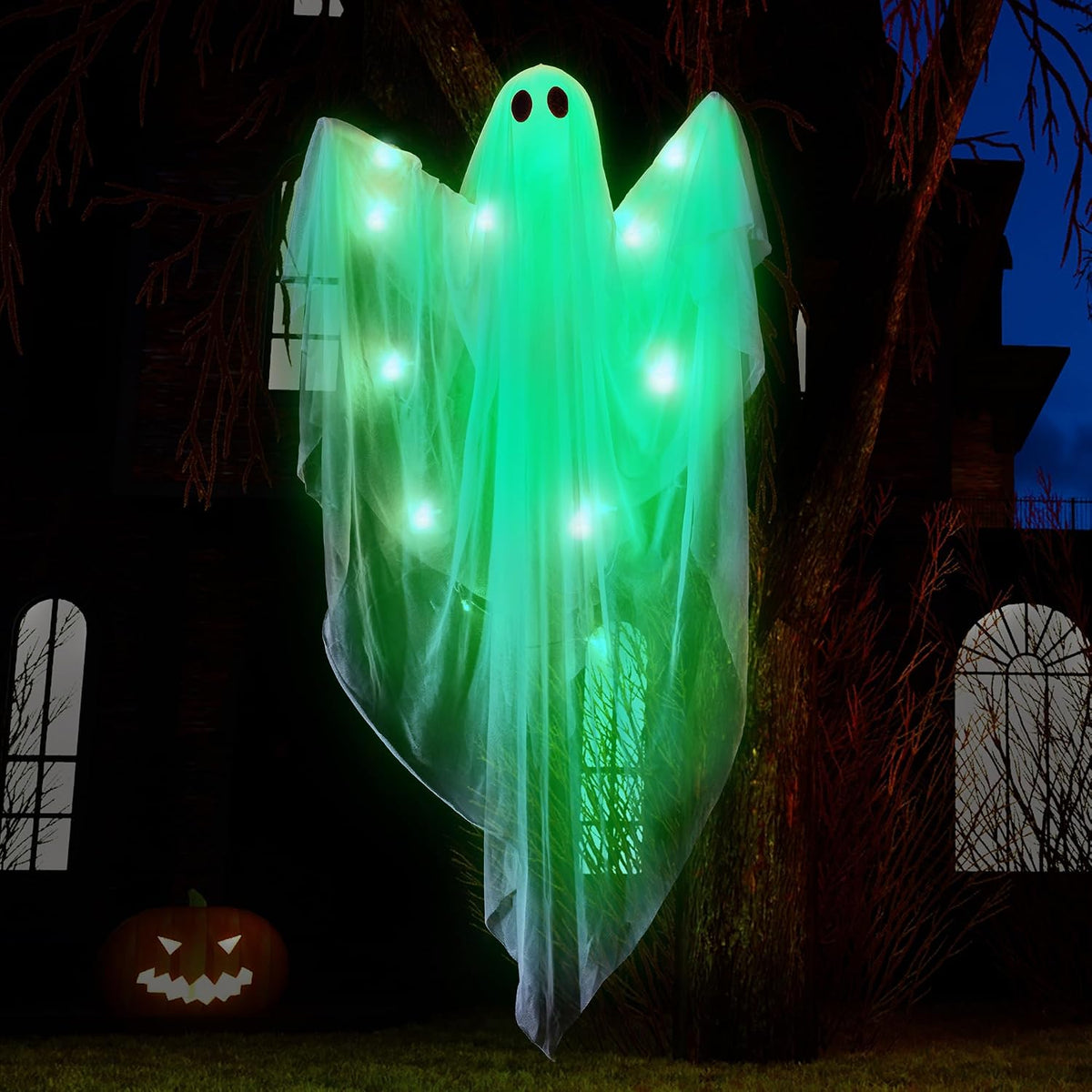 Halloween Hanging Light up Ghost, 47" White Ghosts with Green LED Light and Timer Halloween Hanging Decoration Waterproof for Front Yard Patio Lawngarden Party Decor Indoor Outdoor