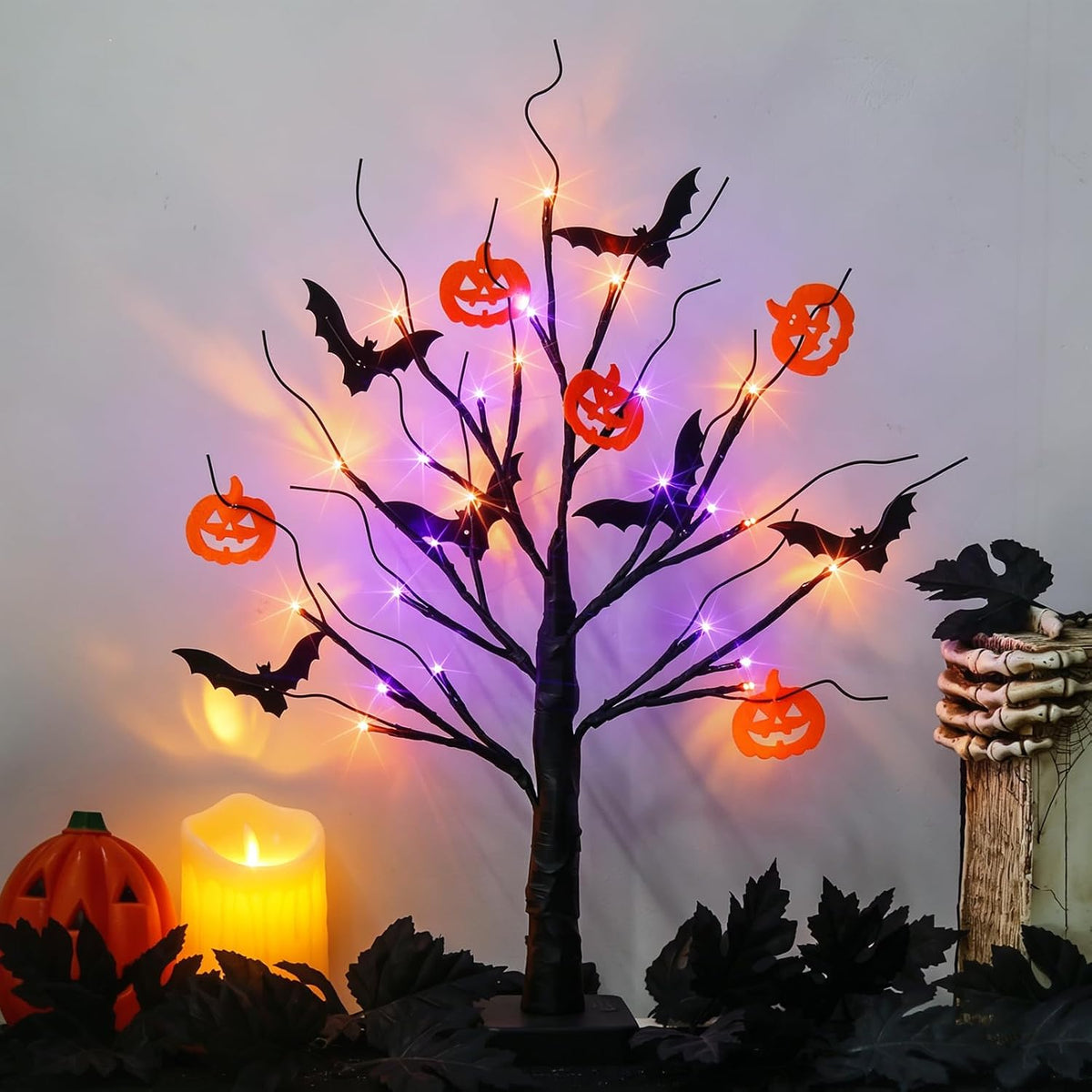 Halloween Decorations, Halloween Tree Lights, Lighted Black Tree | Halloween Decorations Indoor, Spooky Tree with 24 Orange Purple Lights & Timer, 22" Table Centerpiece Battery for Home Decor