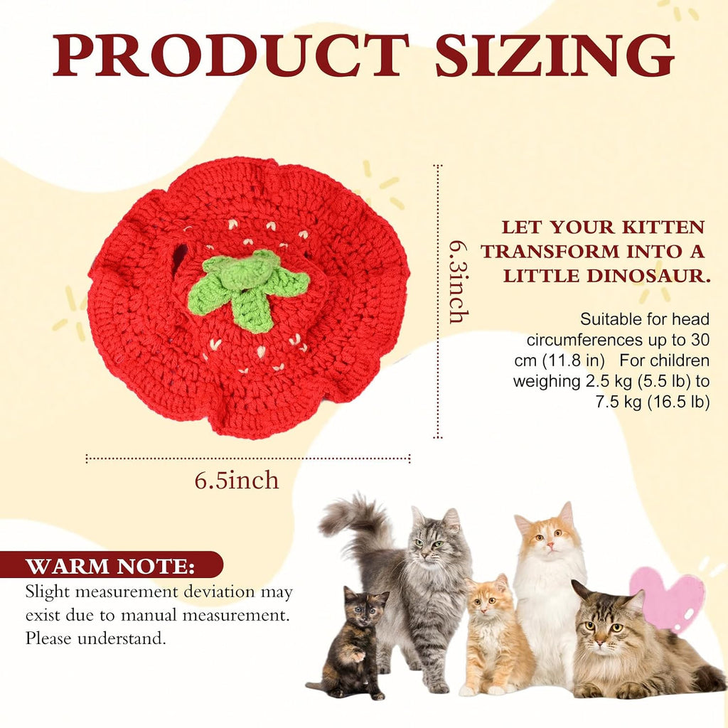 Strawberry Cat Hat, Cotton & Soft Cute Knitted Hats for Cats Birthday Party Christmas Puppy Hat for Small Pets (Red, M)
