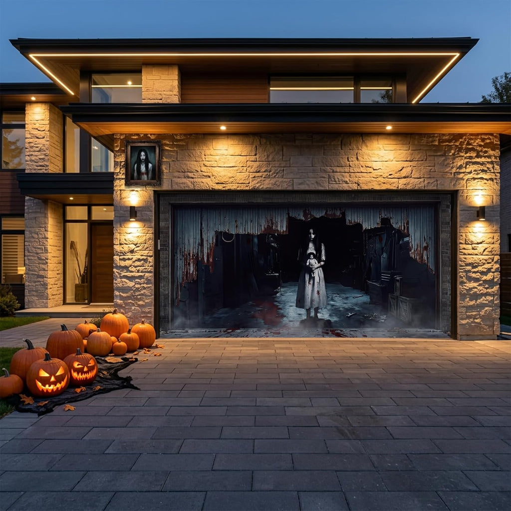 Halloween Garage Door Cover - Large Scary Ghost Girl Backdrop