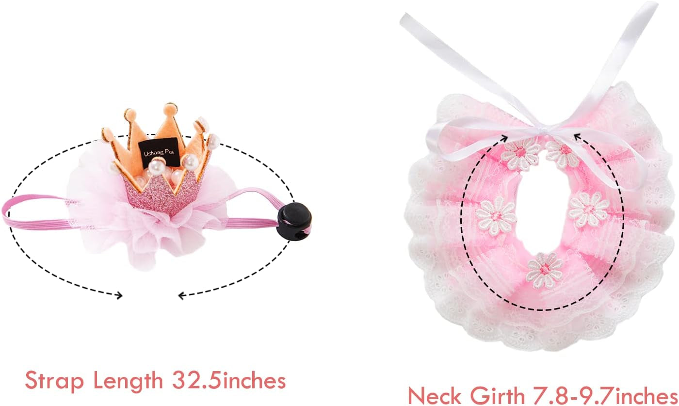 Cat Princess Costumes Cat Crown Hat & Lace Bandana Scarf Set, Puppy Party Hat for Small Dogs & Cats, Lace Outfit for Cats and Small Dogs Birthday Party (Pink)